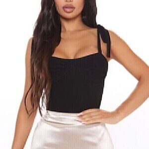 NEW NWT FASHION NOVA Detached Emotions Ruched Bodysuit Black Sleeveless Tie Bow